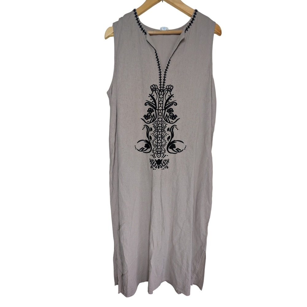 Sigrid Olsen Womens Linen Blend Embroidered Split Neck Midi Shift Dress Taupe L